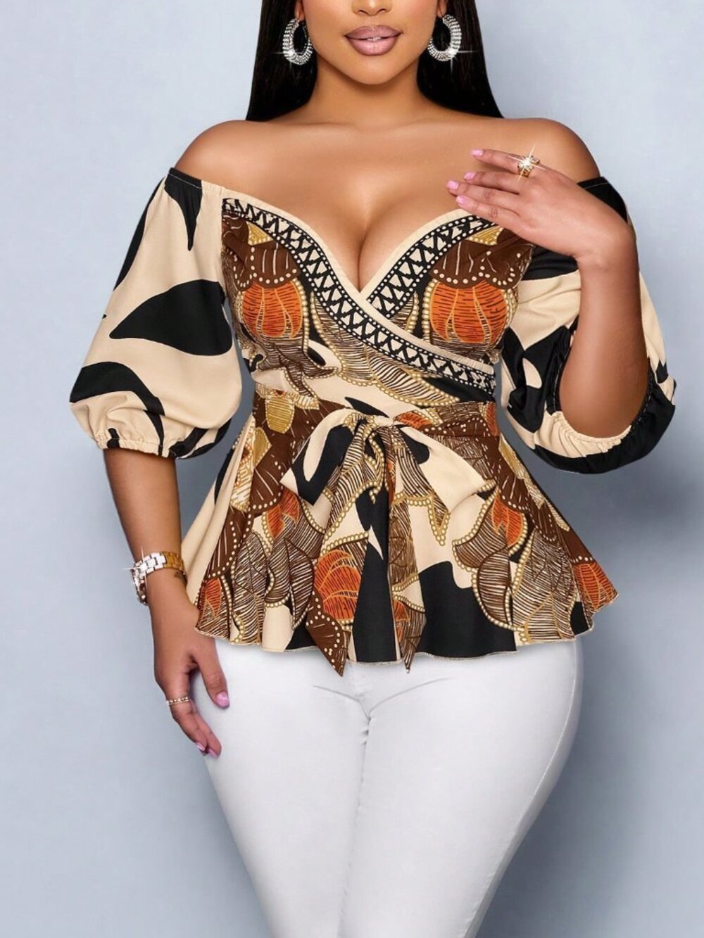 Brown Sexy Women's Belted Knot Wrap Off-Shoulder Batwing Sleeve Peplum Blouse